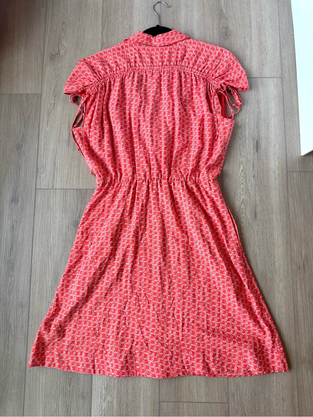 Anthro Maeve Carlotta Ruched Shirtdress Coral Print Tie Sleeve Sz S EUC flirty - Picture 7 of 16